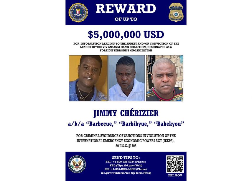 Esta imagen, publicada por el Buró Federal de Investigaciones (FBI) el 12 de agosto de 2025, muestra un cartel de búsqueda del líder de una pandilla haitiana, Jimmy Barbecue Cherizier.