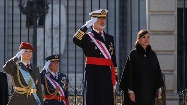La princesa Leonor, el rey Felipe VI y la reina Letizia, durante la Pascua Militar, en el Palacio Real, a 6 de enero de 2024, en Madrid (España).&nbsp;