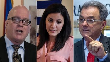 Orlando Gutiérrez (izq.), Rosa María Payá y Ramón Saúl Sánchez, líderes de organizaciones del exilio cubano en Miami.