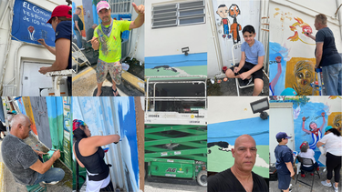 Un collage muestra a varios creadores trabajando en un mural colectivo en apoyo a Cuba, realizado en Miami.&nbsp;