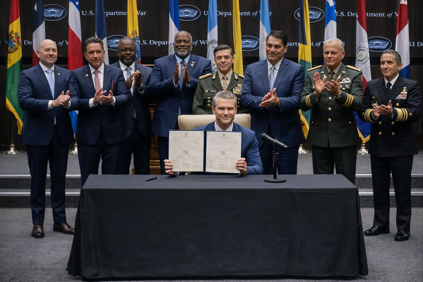 Pete Hegseth, secretario de Guerra de EEUU, firma el documento en Doral, Florida.&nbsp;