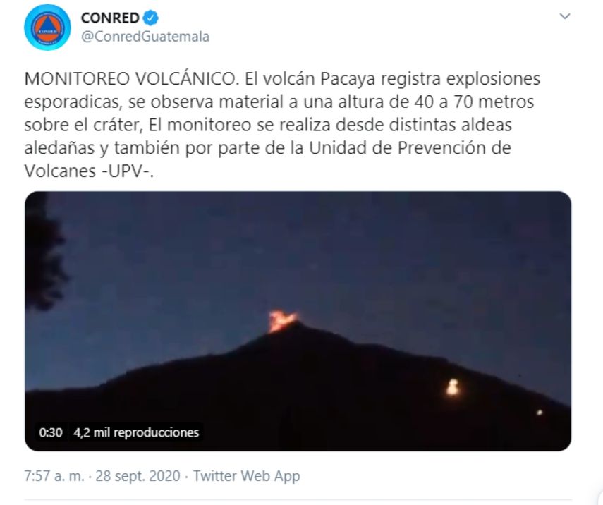 Captura del mensaje difundido en redes sociales sobre el comportamiento del volcán Pacaya.