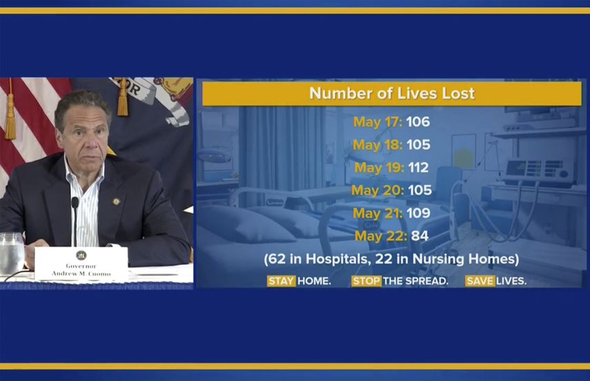 En esta fotografía del 23 de mayo de 2020 tomada de un video proporcionad por la Oficina del Gobernador Andrew M. Cuomo, el gobernador actualiza la información sobre la respuesta ante la pandemia de coronavirus en Nueva York. Horas después de renunciar a la gobernación, Andrew Cuomo sufrió otra derrota cuando la Academia Internacional de Artes y Ciencias de la Televisión anunció el 24 de agosto de 2021 que retiraría el premio especial.