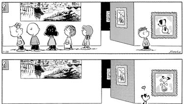 Tira cómica de Peanuts por Charles M. Schulz en 1999 que muestra a niños en un museo, y uno de ellos mirando un cuadro del perro Earl, de Mutts. Abajo otra tira cómica de Mutts, por Patrick McDonnell, que muestra a Earl en un museo mirando con cariño un cuadro de Snoopy. Los caricaturistas rendirán tributo a Peanuts&nbsp;