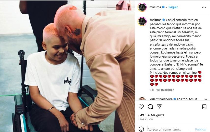 A través de Instagram, el cantante colombiano Maluma anunció la muerte del joven de 14 años de edad.