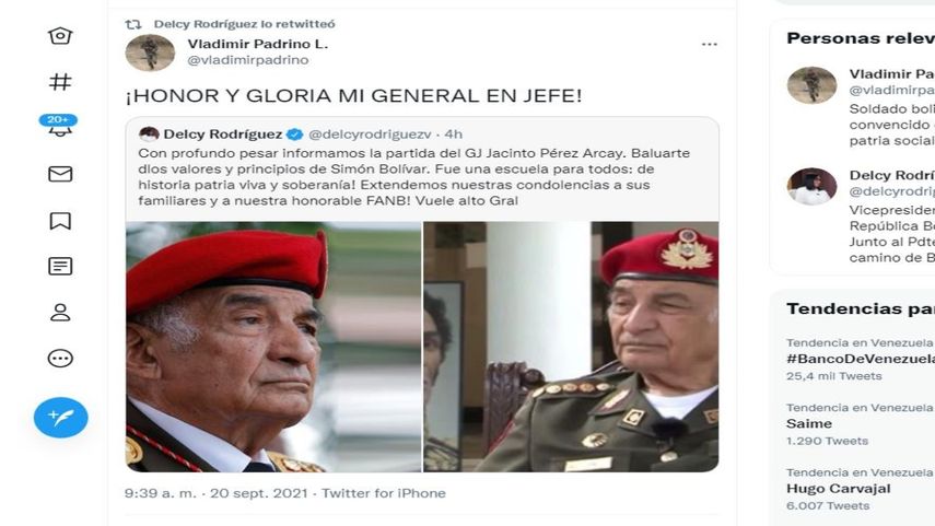 El ministro de Defensa del régimen de Maduro, Vladimir Padrino, lamenta la muerte del general Jacinto Pérez Arcay en Twitter.