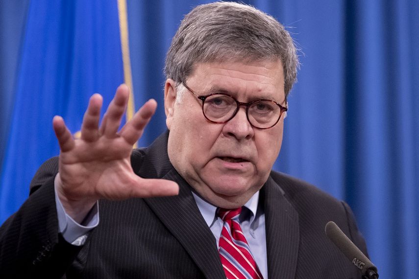 En esta imagen del 21 de diciembre de 2020, el entonces secretario de Justicia William Barr durante una conferencia de prensa en Washington.&nbsp;&nbsp;
