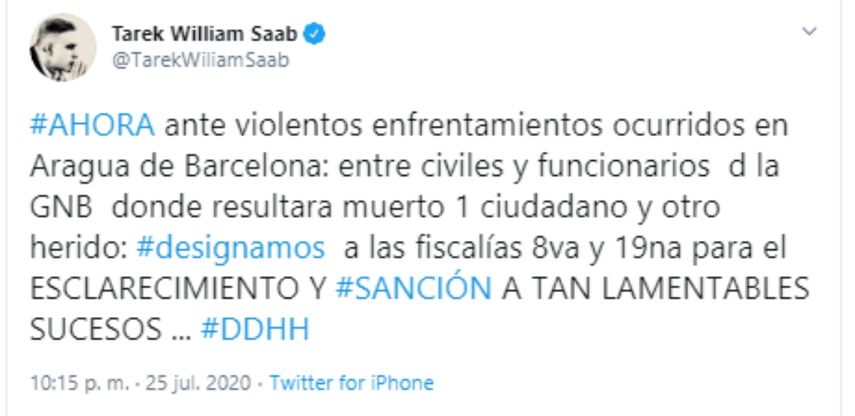 El Fiscal General designado por el r&eacute;gimen de Venezuela, Tarek William Saab, inform&oacute; sobre sus redes sociales.&nbsp;