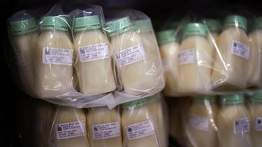 La leche materna pasteurizada de donantes está en un refrigerador en el Banco de Leche de la Universidad de California, el viernes 13 de mayo de 2022, en San Diego.&nbsp;