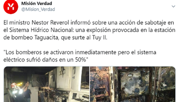 As&iacute; qued&oacute; el Sistema Hidr&iacute;co Nacional, espec&iacute;ficamente en Tuy II, que provoc&oacute; una explosi&oacute;n en los tableros en la estaci&oacute;n de bombeo Taguacita, en el municipio Independencia del estado Miranda.&nbsp;