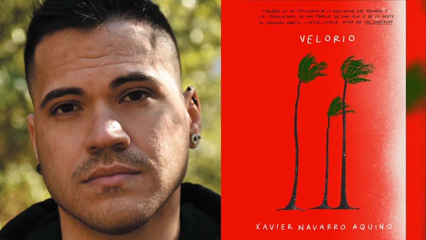 El escritor boricua Xavier Navarro Aquino y la portada de su primera novela, Velorio.&nbsp;