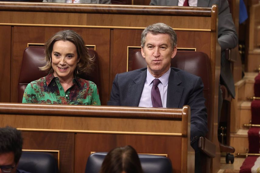 La secretaria general del Partido Popular, Cuca Gamarra, y el presidente del partido, Allberto Núñez Feijóo, durante un pleno en el Congreso