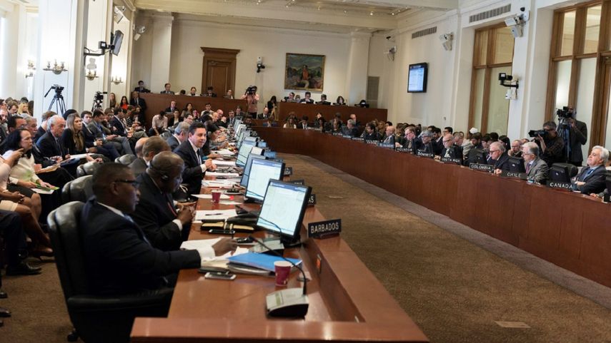 Vista parcial de la sesión del Comité Permanente de la Organización de Estados Americanos, OEA, este 28 de marzo, que aprobó con 20 votos a favor analizar el tema de la situación de Venezuela.