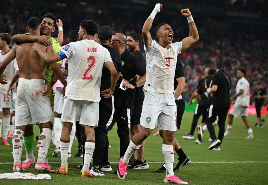 El delantero marroquí Soufiane Rahimi, número 09, celebra tras ganar la tanda de penaltis del partido de dieciseisavos de final del Mundial de 2026 entre Países Bajos y Marruecos, disputado en el Estadio Monterrey de Guadalupe el 29 de junio de 2026.&nbsp;