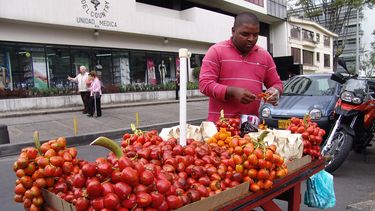 Un hombre vende variadas frutas, en una calle de Bogotá.