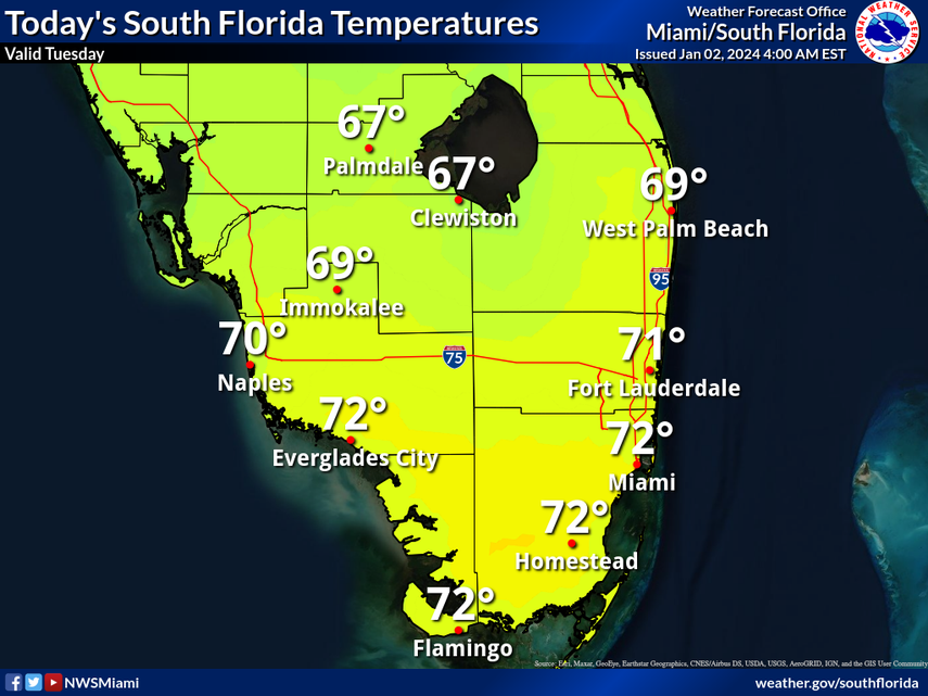 Mapa con las temperaturas en Miami-Dade y el sur de Florida.&nbsp;