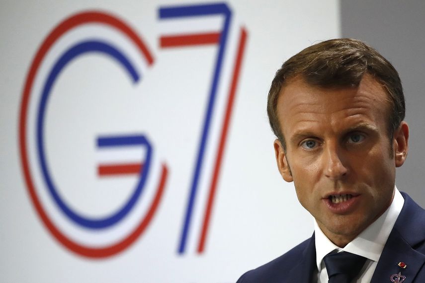 El presidente de Francia, Emmanuel Macron, durante su última conferencia de prensa en la cumbre del G7, el lunes 26 de agosto de 2019, en Biarritz, Francia.