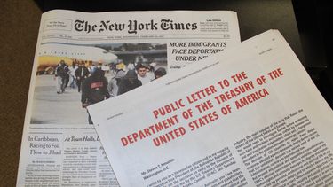 El texto de El Aissami en un anuncio pagado en la edición impresa del diario, que ocupa toda la página 5 del primer cuadernillo de The New York Times.