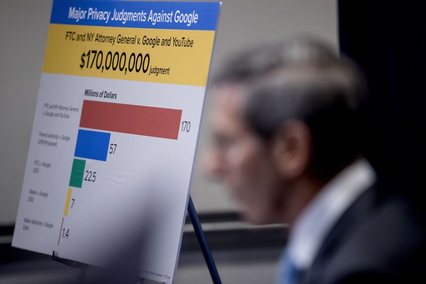 El presidente&nbsp;de la Comisión Federal de Comercio, Joe Simons, en primer plano, habla en una conferencia de prensa en Washington para anunciar que el sitio de videos de Google, YouTube ha sido multado con $170 millones.&nbsp;