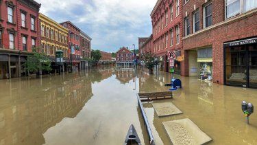 El centro de Montpelier, Vermont, inundado el martes 11 de julio de 2023.&nbsp;