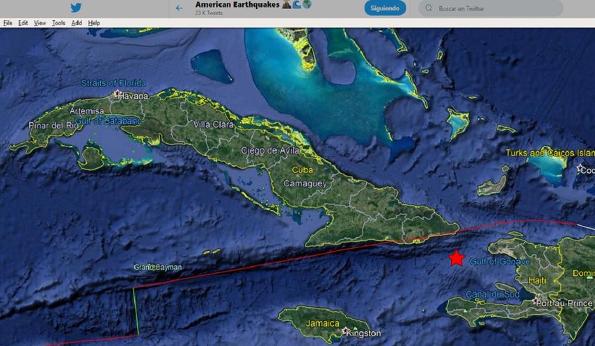Imagen publicada en la cuenta de Twitter de American Earthquakes (@earthquakevt) sobre la ubicaci&oacute;n del sismo perceptible en Santiago de Cuba el domingo 4 de agosto de 2019.