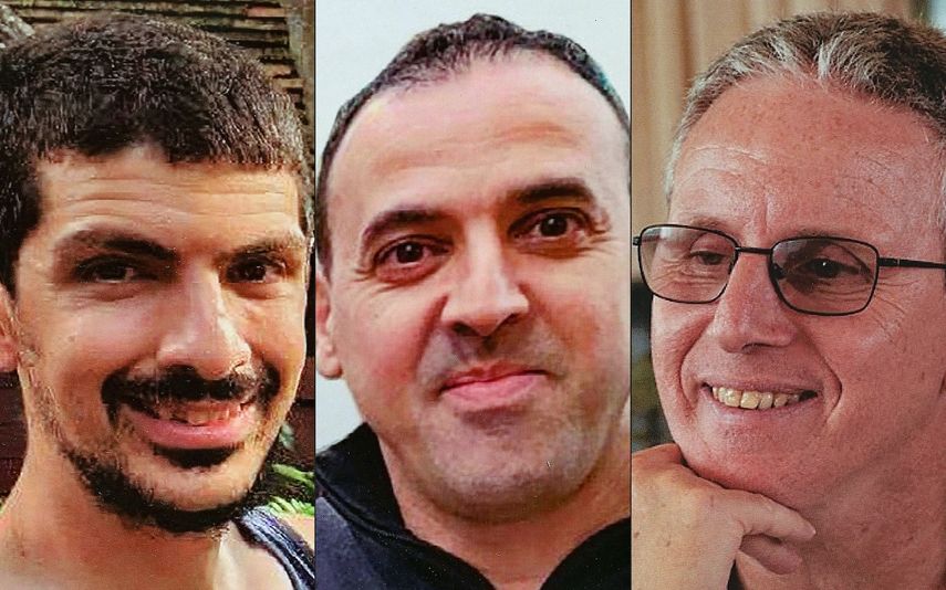 Esta combinación de imágenes creadas el 7 de febrero de 2025 muestra retratos de los rehenes israelíes (de izquierda a derecha) Or Levy, Eli Sharabi y Ohad Ben Ami, retenidos en la Franja de Gaza desde el ataque del 7 de octubre de 2023 por militantes de Hamás.&nbsp;