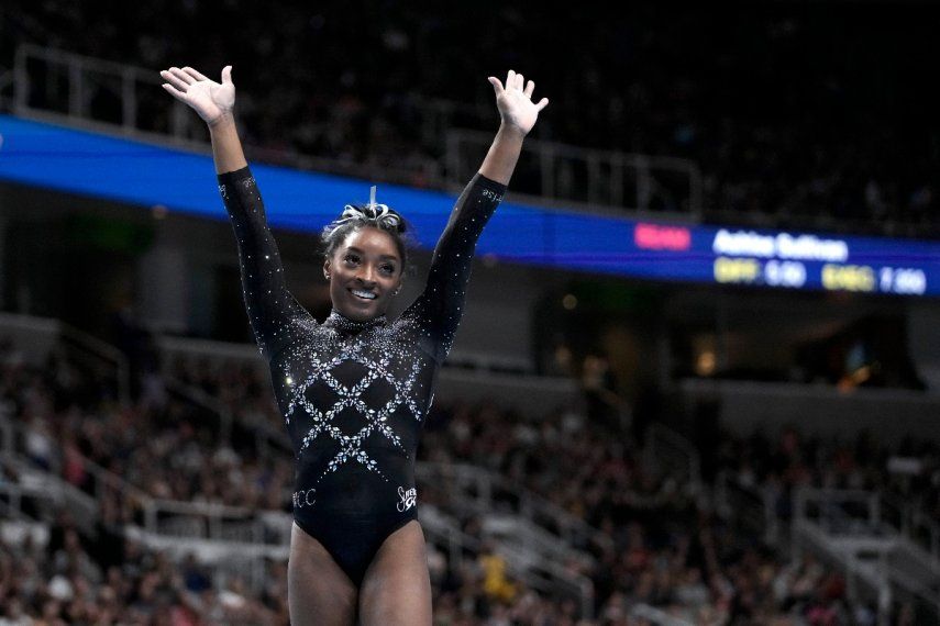 Simone Biles tras competir en el ejercicio de piso del Campeonato de Gimnasia de Estados Unidos, el domingo 27 de agosto de 2023, en San José California.&nbsp;