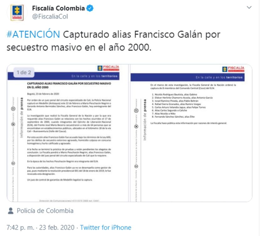 Mensaje enviado por la Fiscal&iacute;a de Colombia en su cuenta de la red social Twitter.