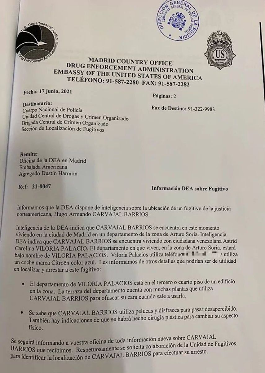 Documento de la DEA sobre la ubicación de Hugo Pollo Carvajal en Madrid, España.