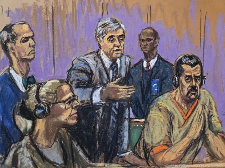 Dibujo realizado por la artista Jane Rosenberg donde aparece el depuesto dicctador de Venezuela, Nicolás Maduro (derecha), junto a su esposa Cilia Flores (izquierda), y sus abogados Mark Donnelly y Barry pollack , durante su comparecencia ante un tribunal federal en Nueva York.