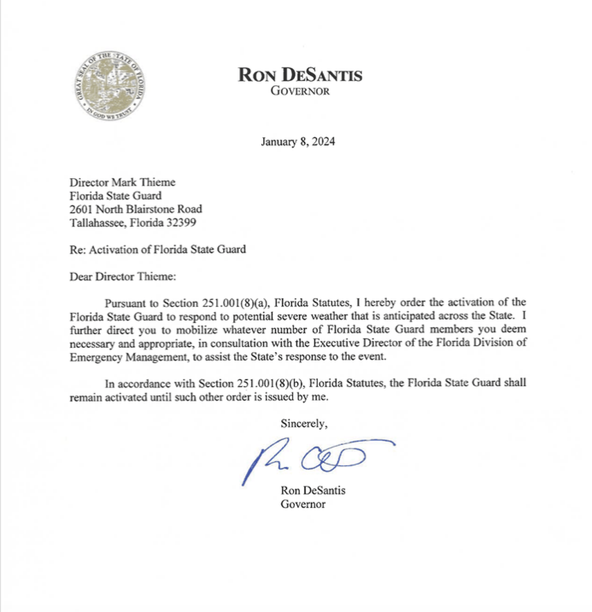 Orden del gobernador Ron DeSantis al jefe de la Guardia Estatal. 