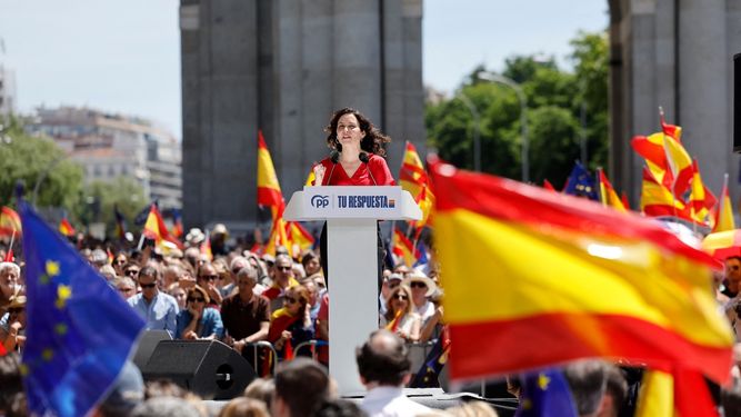 Isabel Díaz Ayuso, presidenta de la Comunidad de Madrid, en acto público el 26 de mayo.