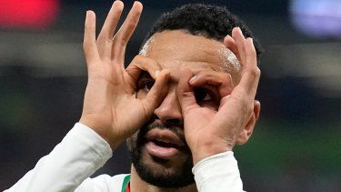 Youssef En-Nesyri celebra tras anotar el segundo gol de Marruecos ante Canadá en el partido por el Grupo F del Mundial, el 1 de diciembre de 2022, en Doha, Catar.