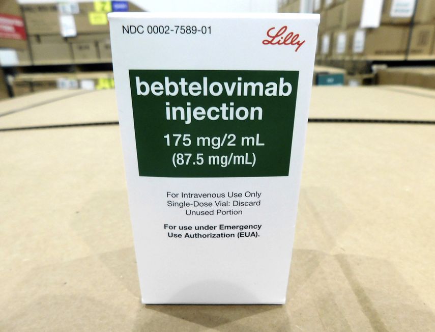 Esta imagen facilitada por la farmacéutica Eli Lilly muestra un paquete de bebtelovimab, un medicamento de anticuerpos que ataca específicamente a la variante ómicron del COVID-19, el cual fue aprobado el viernes 11 de febrero de 2022 por la Administración de Alimentos y Medicamentos de Estados Unidos.&nbsp;