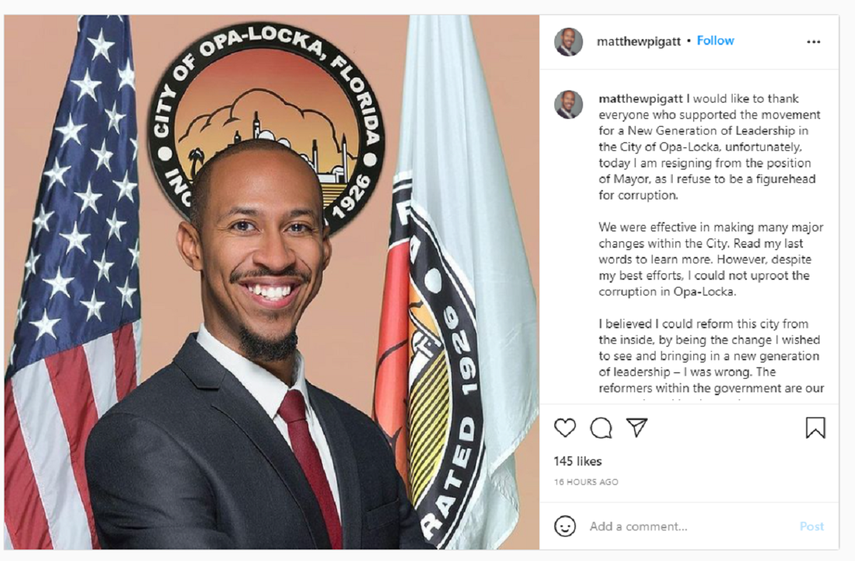 El alcalde Matthew Pigatt, de 35 años renunció sorpresivamente.&nbsp;