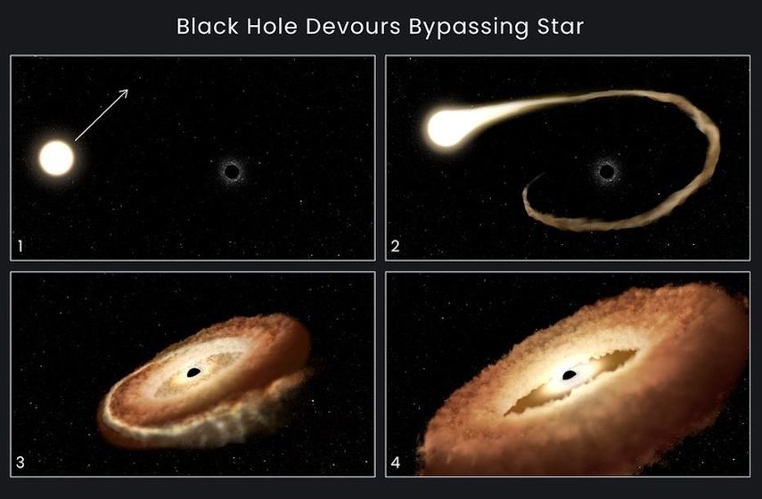 Esta secuencia de ilustraciones artísticas muestra cómo un agujero negro puede devorar una estrella que se le ha acercado.