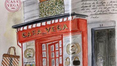 Dibujo de la fachada de Casa Vega, la alpargatería más antigua de Madrid, España