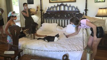 Una joven turista fotograf&iacute;a a unos de los gatos que habitan en la Casa de Hemingway en Key West.