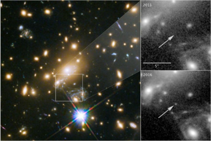 Combo de fotografías cedido que muestra tres imágenes captadas por el Telescopio Espacial Hubble: el emplazamiento de la&nbsp;estrella&nbsp;Ícaro (en el cuadro) dentro del gran cúmulo de galaxias MACS J1149.5 + 223.&nbsp;
