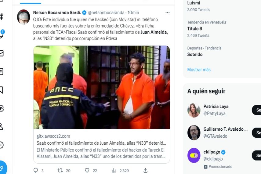 Juan Manuel Almeida Morgado había sido detenido por estar presuntamente implicado en corrupción en PDVSA.