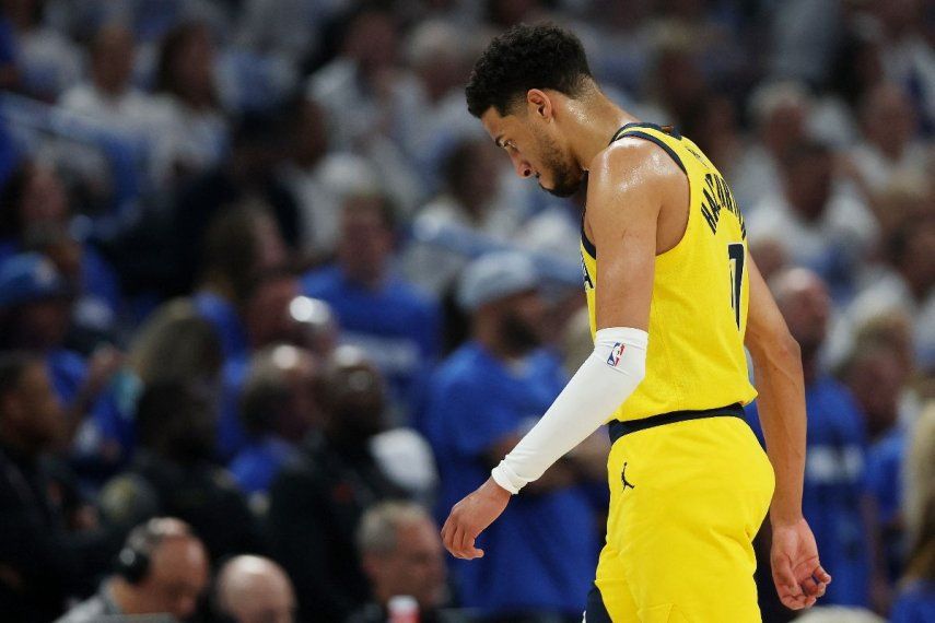 Tyrese Haliburton #0 de los Indiana Pacers reacciona durante el primer cuarto del quinto partido de las Finales de la NBA de 2025 en el Paycom Center el 16 de junio de 2025 en Oklahoma City, Oklahoma. NOTA PARA EL USUARIO: El usuario reconoce y acepta expresamente que, al descargar o usar esta fotografía, acepta los términos y condiciones del Acuerdo de Licencia de Getty Images. Matthew Stockman/Getty Images/AFP&nbsp;