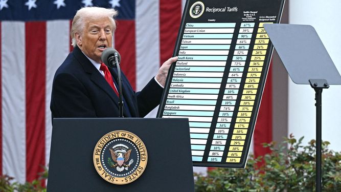 El presidente de Estados Unidos Donald Trump muestra una lista de aranceles que países le cobran a EEUU y las propuestas de su gobierno para enfrentarlos, muy por debajo de las imposiciones extranjeras.