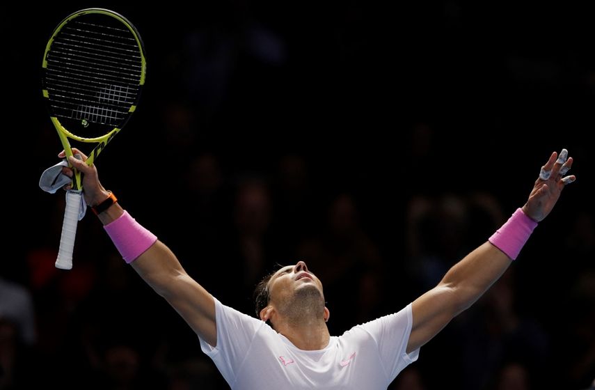 Rafael Nadal festeja tras derrotar a Daniil Medvedev en la Copa Masters de la ATP en Londres, el mi&eacute;rcoles 13 de noviembre de 2019