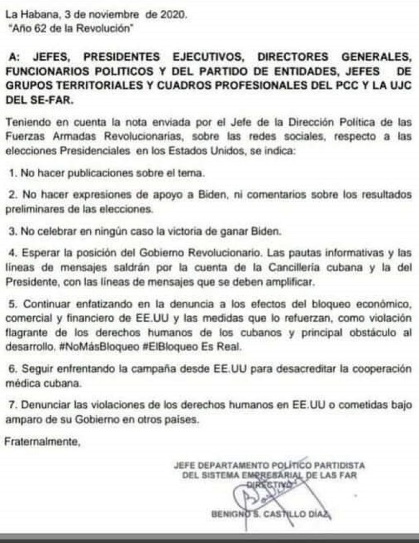 Un documento presuntamente emitido por Benigno Castillo Díaz, &nbsp;jefe del Departamento Político Partidista del&nbsp;sistema empresarial de las Fuerzas Armadas de Cuba, circula por las redes sociales e internet y, de ser real, dejaría al descubierto la intención del regimen castrista de sembrar distancia sobre el “enemigo de turno”
