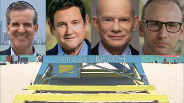 Los candidatos a la alcaldía de Miami Beach Michael Góngora, Michael Grieco, Steve Meiner y Bill Roedy debaten.