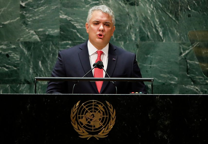 El presidente de Colombia, Iván Duque, se dirige a la 76 ° Sesión de la Asamblea General de la ONU en la sede de la Organización de las Naciones Unidas en Nueva York, el martes 21 de septiembre de 2021