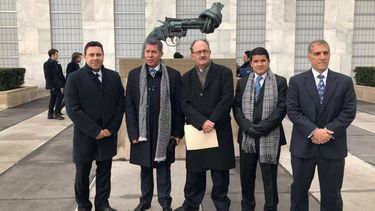 El candidato opositor Henri Falcón junto a representantes de partidos que lo apoyan (MÁS, Copei, Avanzada) y el embajador de Venezuela ante la ONU , Samuel Moncada.