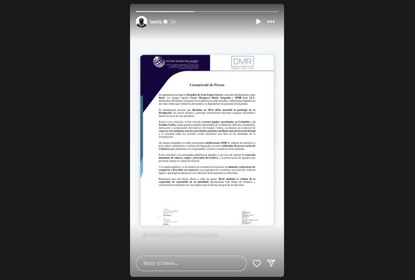 Comunicado de los despachos Víctor Mosquera Marín Abogados y DMR Law LLC sobre la filtración del video íntimo de Béele e Isabella Ladera. 