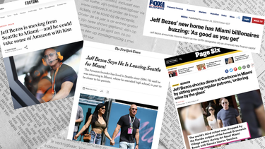 Collage con capturas de pantalla de varias noticias sobre la mudanza de Jeff Bezos a Miami. 