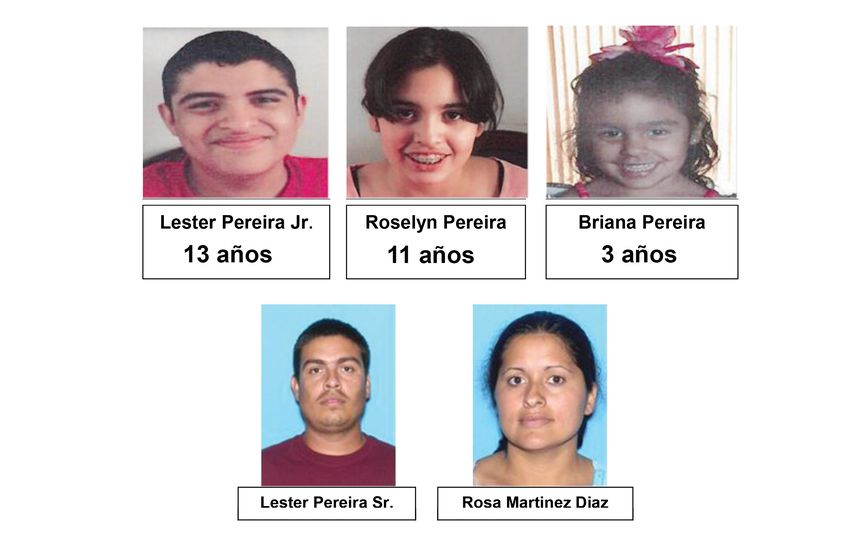 Fotos de los tres niños y sus padres. A los cinco los busca la policía. La madre de los menores se los llevó sin autorización del Departamento de Niños y Familias.&nbsp;